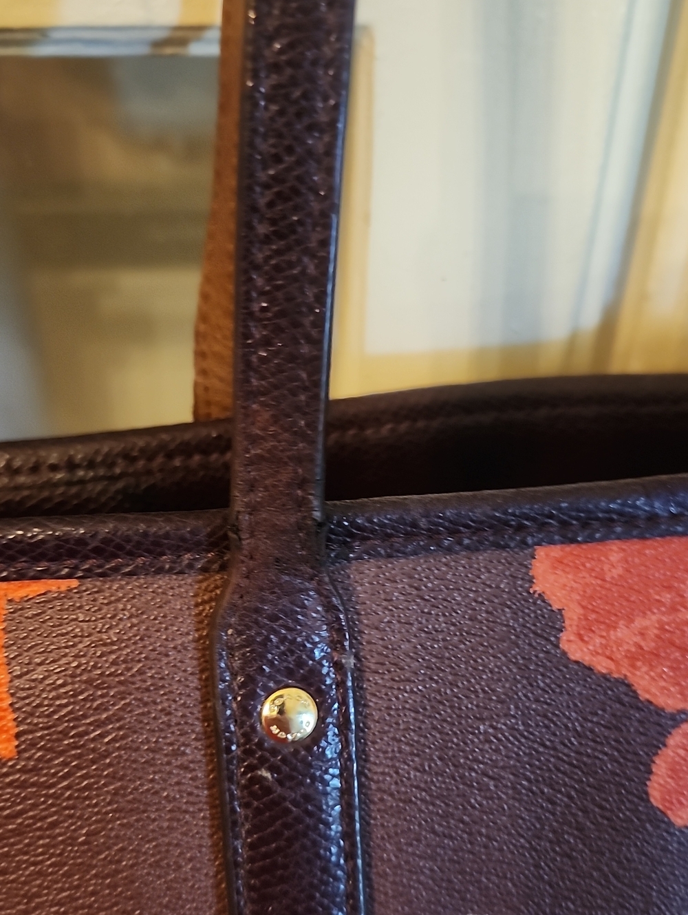 Coach Brown Floral Leather Tote with Pink, Orange & White Blossoms - Picture 5 of 9